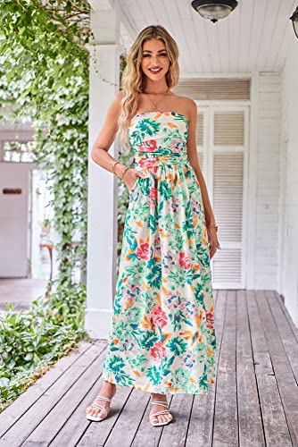GRACE KARIN Women Strapless Dress Casual Loose Ruched Long Maxi Dress with Pockets Green Floral — view 6