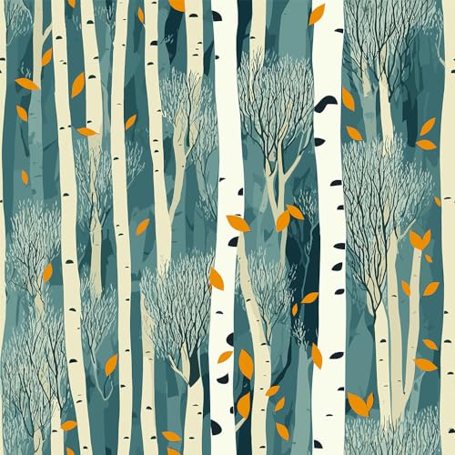 MuralPeel Blue-Green Abstract Art Tree Forest White Birch Falling Yellow Leaf Peel and Stick Wallpaper Self Adhesive Removable Easy Peel Off Contact Stick on Wall Paper for Bedroom Cabinet Renter