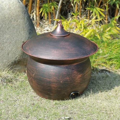 MNRYLKB Metal Garden Hose Storage Pot Vintage Copper Finish Hose Holder with Lid Heavy-Duty Outdoor Water Hose Container for Patio/Yard/Lawn Decor