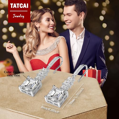 18K White Gold Plated Sterling Silver Asscher Cut Cubic Zirconia Dangle Earrings for Women Square CZ Diamond Drop Dangling Earrings for Women Mom3