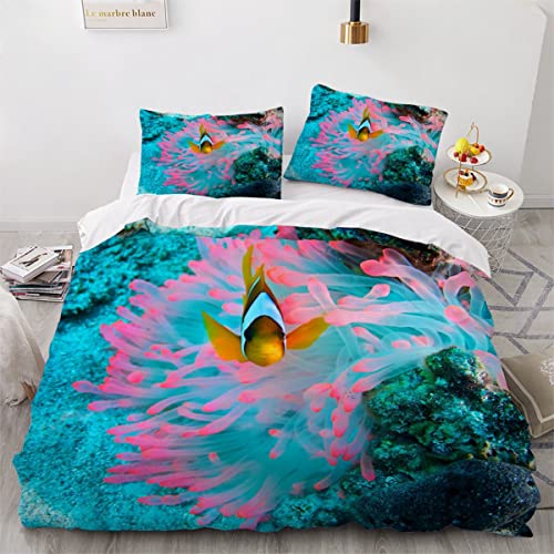 Clownfisch Bettwäsche-Set für Kinder Koralle Bettbezug Set 155x220cm 3D Bedruckte Tier Theme Decor 3-Teiliges 1 Bettbezug mit Reißverschluss mit 2 Kissenbezug 80x80cm Cover