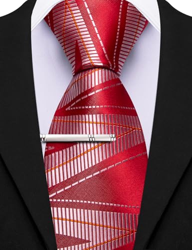 Image of Barry.Wang Mens Ties Silk Red Silver Striped Plaid Checkered Woven Neckties and Tie Clip Set Formal Business Wedding