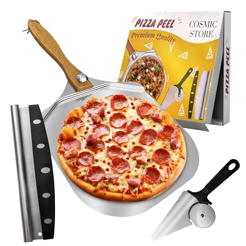 Cosmic Store Aluminum Pizza Peel 12 inch - with Wooden Handle | Pizza Turning Peel, (12'x 14') Spatula Paddle, Cutter and Pizza Knife | Pizza Kit Baking, dough & Pastry | Best Oven Grill Accessories.