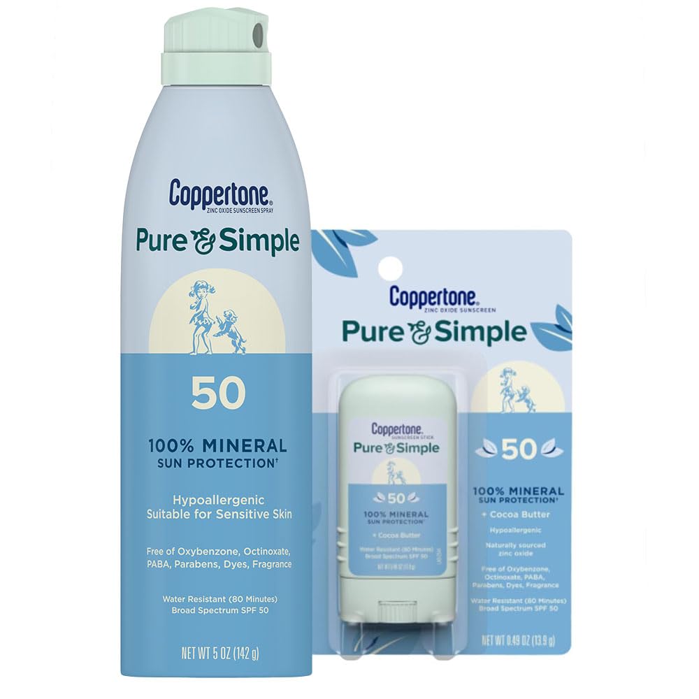 Pure and Simple Mineral Sunscreen Spray SPF 50 (5 Oz) + Sunscreen Stick SPF 50 (0.49 Oz) with Zinc Oxide Protection, Hypoallergenic, Fragrance Free