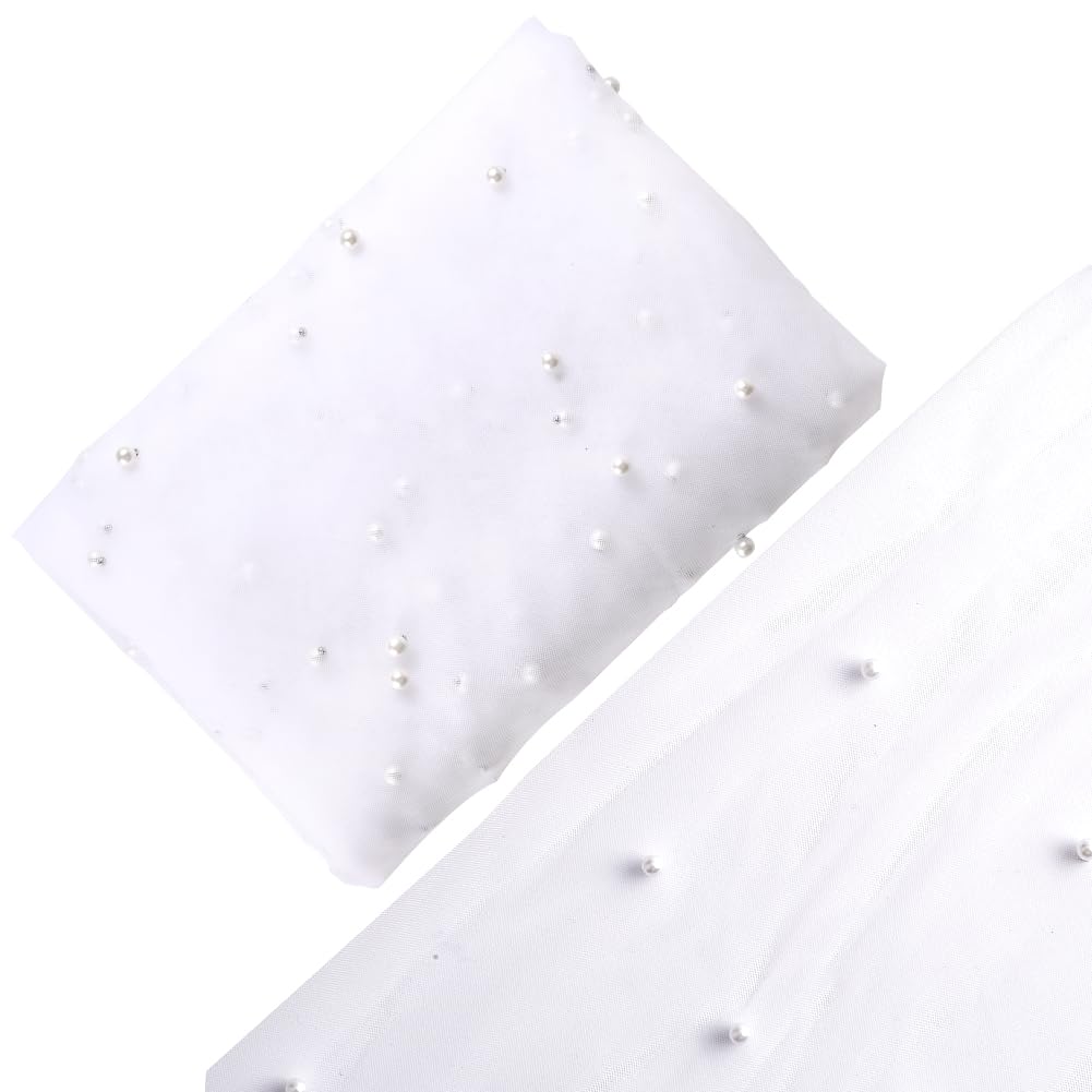 GORGECRAFT 3 Yards White Lace Fabric 160cm Wide Tulle Beaded Pearl Lace Net Fabric Mesh Table Cloth for Bridal Veil Wedding Dresses Bows Making Home Christmas Party Backdrop Decor DIY Sewing Crafts - Image 3