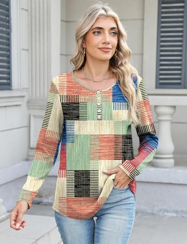 LUYAA Womens Long Sleeve V Neck Tops Henley Shirts Color Block/Solid Loose Fit Button Down Tunic Tops Casual Fall 20252