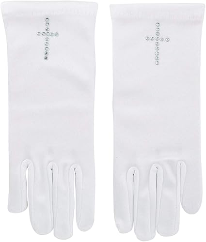 Miniatura 4 de First Communion Gloves blanco para niña con cruz de diamantes de imitación, talla M, Blanco
