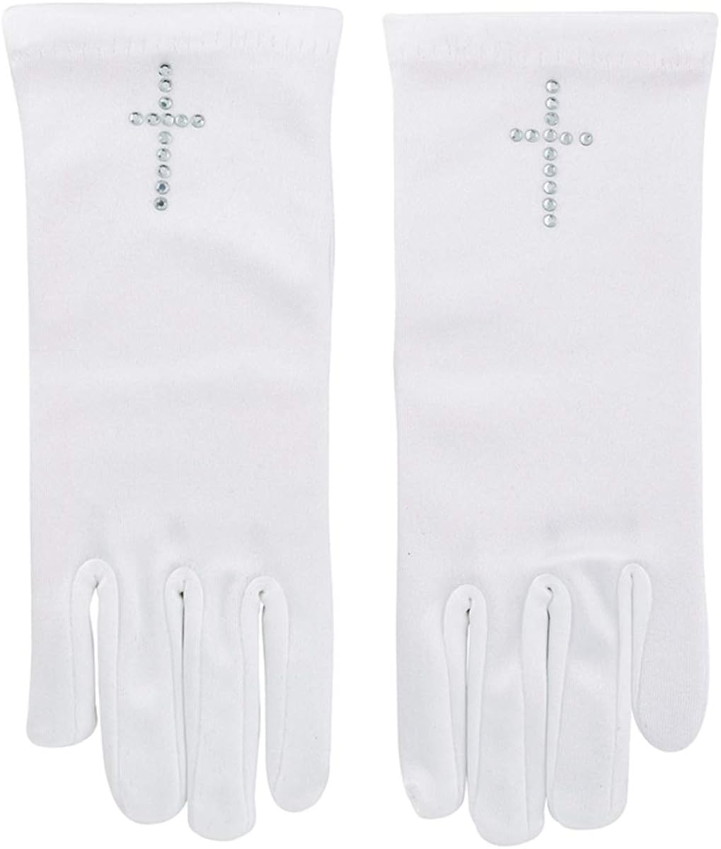Girl's White First Communion Gloves with Rhinestone Cross, Medium : Clothing, Shoes & Jewelry
