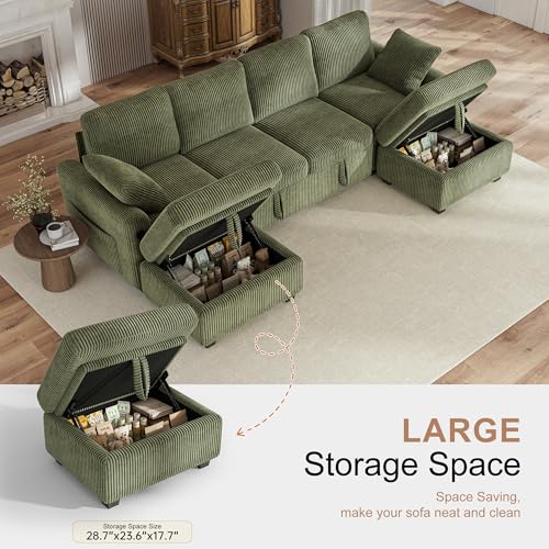 Image of Hanherry 104 inch Sectional Sofa with Pull Out Couch Bed,Corduroy 4 Seater Sleeper Sofa with Storage Ottoman & USB Charging,Comfy U Shaped Modular Couches for Living Room,Apartment