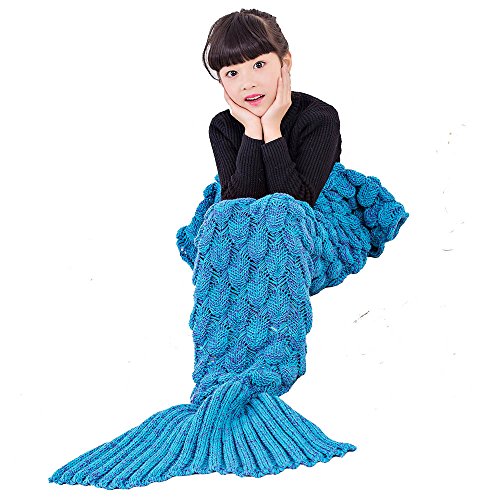 Umeicool Sirena Manta Croché Ondulado Escama Suave Cuatro Estaciones Saco De Eormir Para los niños o Adultos (Niños azules)