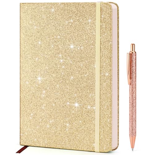 Gold Glitter Notebook, 8.4'x 5.7', 200 Lined Pages, No-Shed Sparkle Journal for Girls & Women, A5...