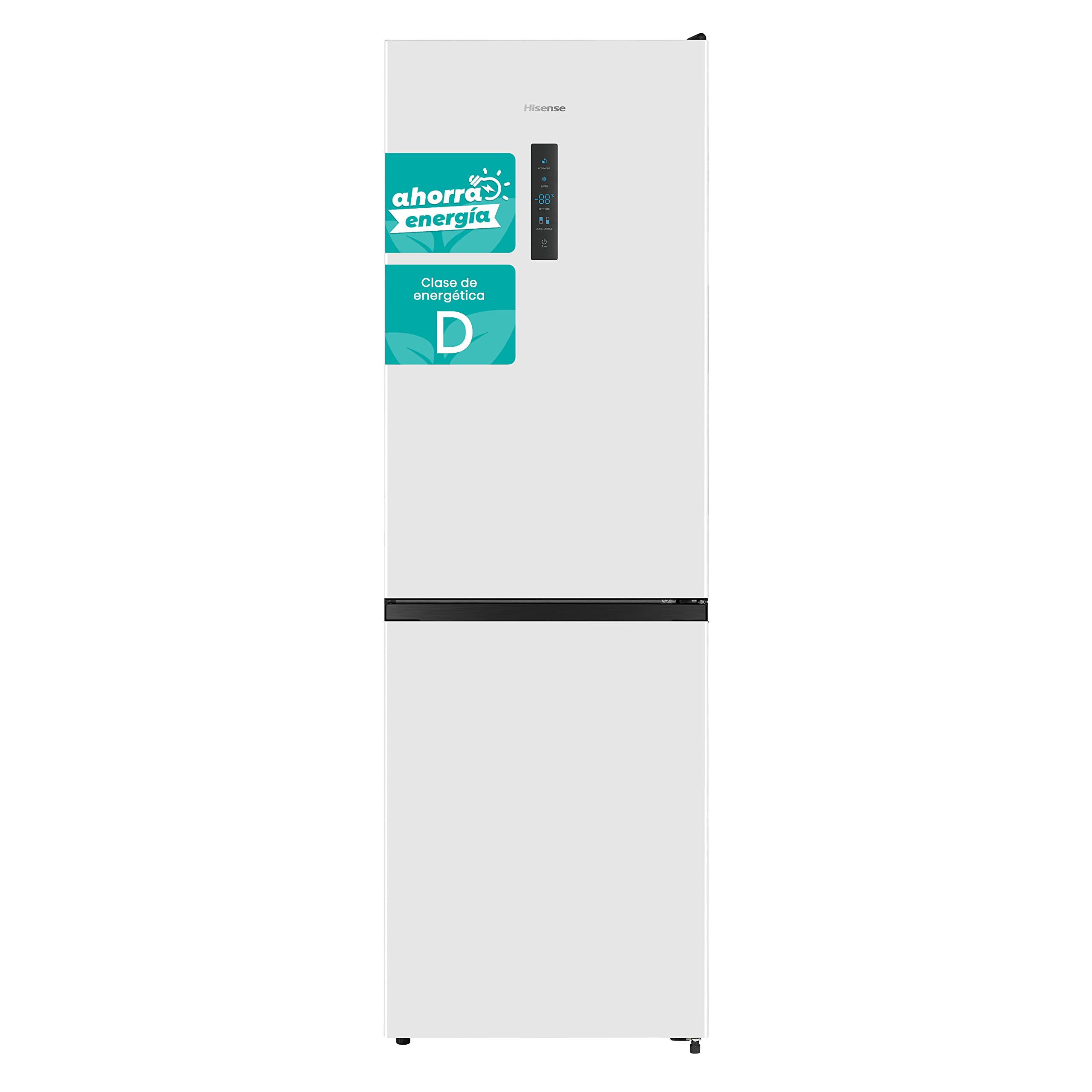 Hisense RB390N4DWD - Frigorífico Combi, Eficiente Clase D, Capacidad 304 L con 186 cm Alto, Cajón Verduras, 4 Estrellas Congelador, Puerta Reversible, Silencioso 39dB, Color Blanco