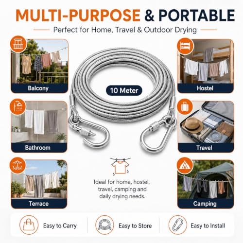 Image of 10 Metre Heavy-Duty Stainless Steel Clothesline Rope | Rust-Resistant Steel Cloth Drying Wire with Carabiner Hooks | Strong Dori for Balcony, Bathroom, Terrace, Indoor & Outdoor Use