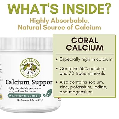 Wholistic Pet Organics Pure Powder Calcium for Dogs and Cats - Supports Strong Bones, Teeth & Muscles - Sea Coral Cat and Dog Calcium Supplement with 72 Trace Minerals - Pet Food Topper - 60 Scoops