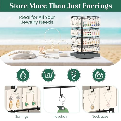 Image of EsLuker.ly Rotating Earring Display Holder Stand for Vendors Events Selling, Large Capacity 64 Hooks Jewelry Rack with Wooden Base for Earring Card Sales, Enhances Retail Visibility(Dark Grey)