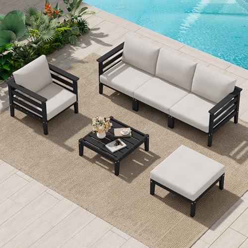 Image of SERWALL HDPE Patio Furniture Set, 6 Pieces Outdoor Sectional Sofa Set | All-Weather Wood-Like Outdoor Sofa Couch with Coffee Table, Modular Design for Flexible Combination