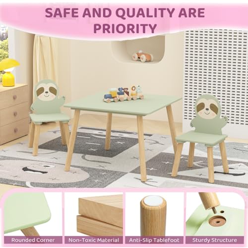 Image of Wood Table & Chairs 3 Pieces Set, Boys Girls Activity Table w / 2 Animal Shaped Chairs, Solid Wood Legs, Safe Rounded Corners, Playroom Furniture for Boys & Girls Activity Dining Drawing Craft.