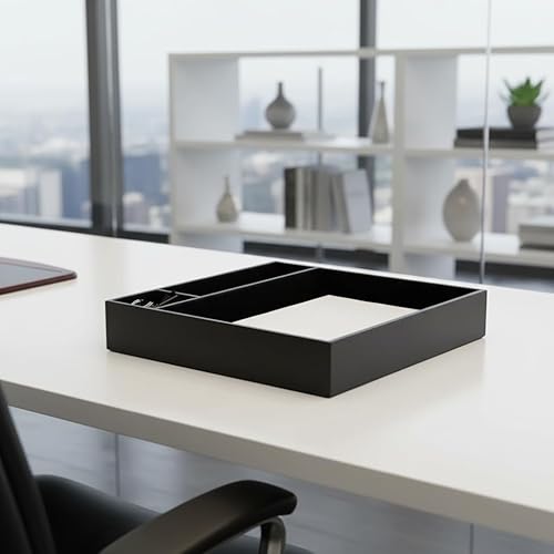 Miniatura 3 de Dacasso Bandeja organizadora clásica de cuero negro para sala de conferencias, decoración de mesa ejecutiva para sala de juntas y accesorio de