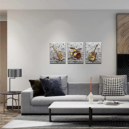 Conipit Musical Instruments Canvas Wall Art Graffiti Music Pictures Prints Guitar Drum Saxophone Painting Yellow Grey Music Artwork Framed Ready To Hang(12''X16''X3Pcs) #TOP2