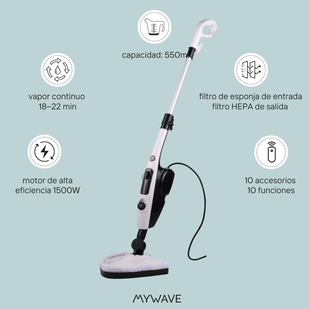 Mopa a Vapor Multifuncional 10 en 1 de 1500W con Cabezal Giratorio 180° y Vapor Continuo. Desinfección a 110°C para Alfombras, Ventanas, Ropa y Más. Depósito de 550ml y Accesorios Incluidos