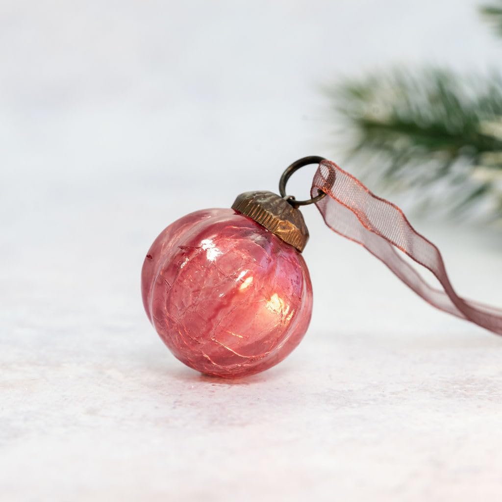 Arthur Cameron – Handmade, Mouth-blown 1" Ribbed Glass Mini Baubles with Bronze Cap, Ribbon & Organza Bag – Elegant Small Christmas Baubles & Christmas Hanging Decorations (Mauve)