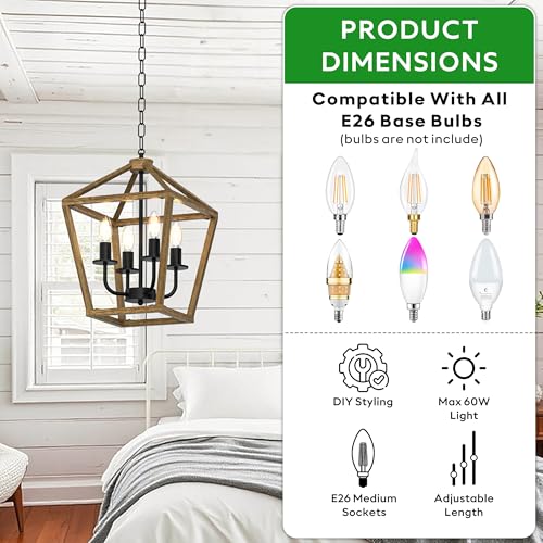 Image of Farmhouse Lantern Chandelier 4-Light, Industrial Brushed Rustic Oak Ceiling Light Fixture with Open Cage and Adjustable Hanging Height,Kitchen Island, Dining Room, Entryway, Foyer