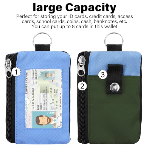 Image of Minimalist RFID Wallet with Lanyard, Multi-Functional ID Case with 2 Zipper Pockets and Key Chain for Men and Women, Tactical Badge Pouch Cards Holder, Coin Purse for Travel Sports - Green&Blue