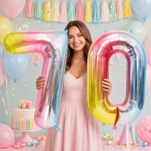 Image of Rainbow Number Balloons Birthday Balloons - Giant Number 70 Balloon 40 inch, Numbers Balloon Birthday Decorations, Rainbow Party Supplies for Baby Shower