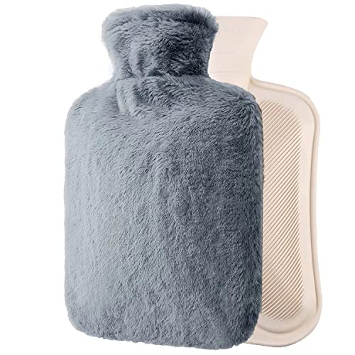 Wärmflasche mit Weichem Bezug, 1.8L Wärmflasche Flauschig Groß Bettflasche für Erwachsene und Kinder, Wärmflasche mit Bezug für Gemütliche Nächte, Geschenk für Frauen/Männer -Dunkelgrau Cover
