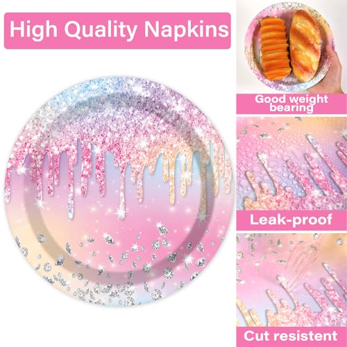 Image of 100PCS Iridescent Diamond Birthday Party Plates Napkins Forks Supplies Set Holographic Tableware Party Supplies Gem Stone Dinnerware Decorations Favors for Girls Kids Birthday Serves 25
