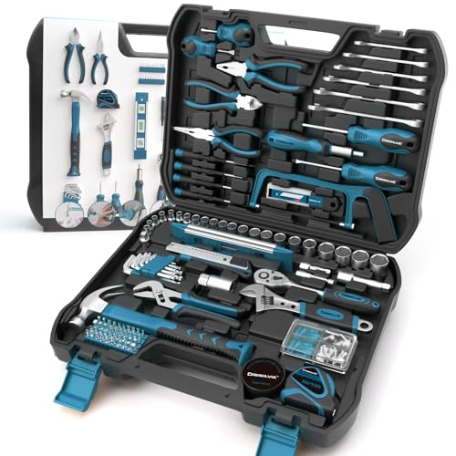 Image of Home Tool Kit 199 Piece Basic Household Auto Repair Tool Set Car Toolbox General Hand Tool Kit for Home Men Women DIY with Plastic Toolbox (Blue and black)