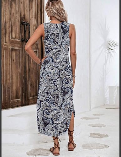 Image of Zeagoo Women Floral Summer Casual Beach Printed Tank Dress with Pockets Pleated Front Long Dress