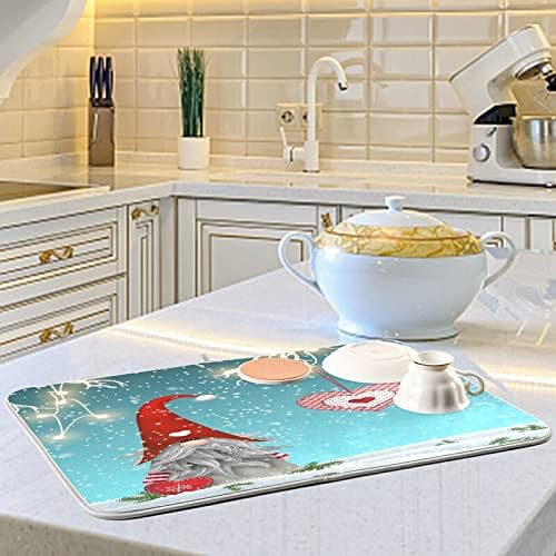 Miniatura 5 de Tapete de secado de platos navideño de gnomo para encimera de cocina, de 16 x 18 pulgadas, reversible, con ramas de invierno, escurridor de platos,