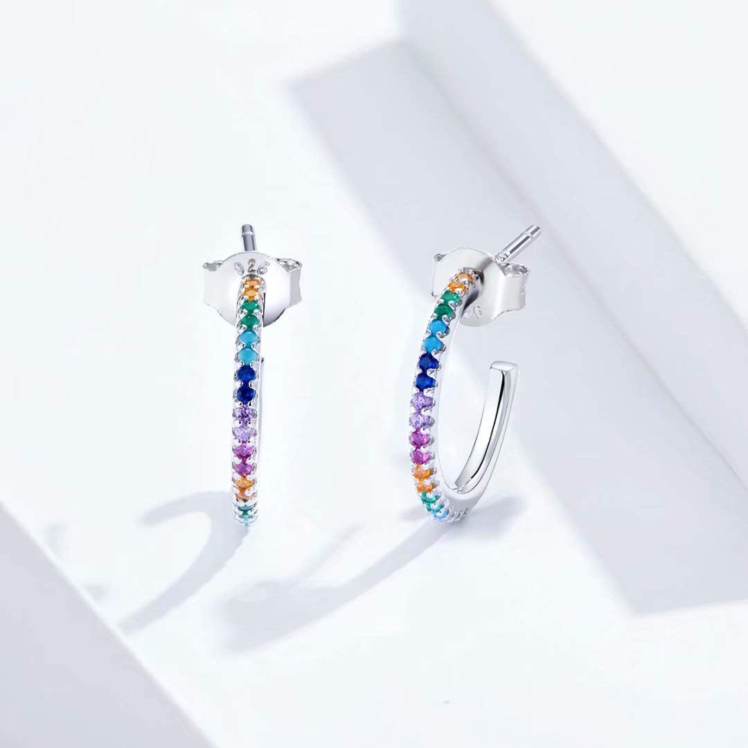 Qings 925 Sterling Silver Rainbow C Stud Earrings Colorful Cubic Zirconia | S925 CZ Stones Plated Platinum Hypoallergenic Rainbow Colored Huggie Hoop Earrings For Daily Wear Women