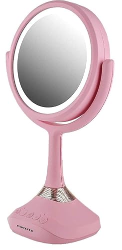 Ovente Espejo de tocador iluminado, parte superior de mesa, giro de 360 grados, círculo de doble cara, LED, 1 x 5X, lupa con audio MP3, altavoz