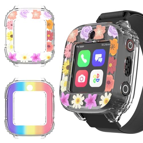 2 Pack Edge Protector Compatible with Cosmo JrTrack 3 & JrTrack 4 Kids Smartwatch, Soft TPU Material Cute Protective Case Cover Accessories for Kids Boys Girls(Rainbow+Flower)