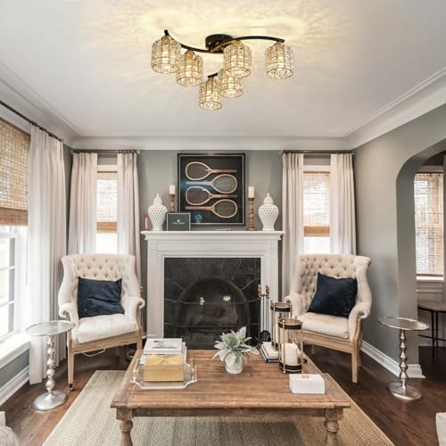 6-Light Ceiling Light Fixtures,Crystal Semi-Flush Fixture,Black & Gold Farmhouse Ceiling Light, Luxury Flush Mount Lighting for Dining Room, Living Room, Kitchen Island by Kaiyuan - Used condition - Image 2