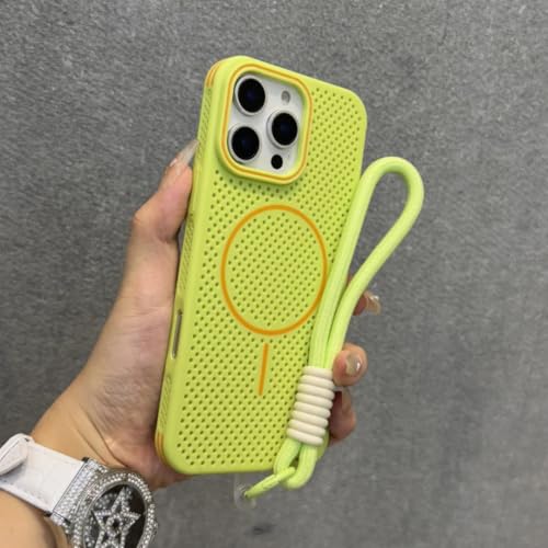 Coque iPhone 14 vert fluo avec cordon pour voyage et rando