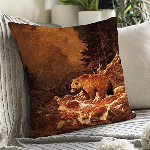 Gearsly Cushion Cover Mountain Forest Bear Cotton Linen Throw Pillow Case Standard Square Decorative Home Sofa for Men Women Pillow Cover 18x18Inch