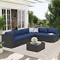 Oakcloud 7-Piece Outdoor Patio Furniture Sofa Set Black Rattan Wicker Sectional Conversation Sets with Glass Top Table and Cushions(Dark Blue)
