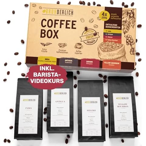 BRÜHDERLICH Kaffeebohnen Probierset ganze Bohnen - Frisch aus der Rösterei - Premium Kaffee Geschenk - Geschmackliche Vielfalt - Kaffee Geschenkset - Barista Kaffeebohnen - Kaffee Probierset 4 x 250g Cover