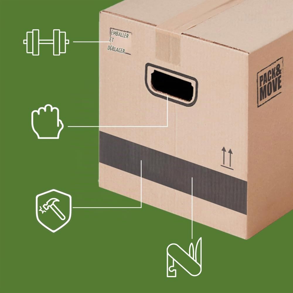 Pack and Move - Lot 50 cartons déménagement stockage standard - 60 x 30 x 30 cm - Poignées renforcées - 3 adhésifs offerts