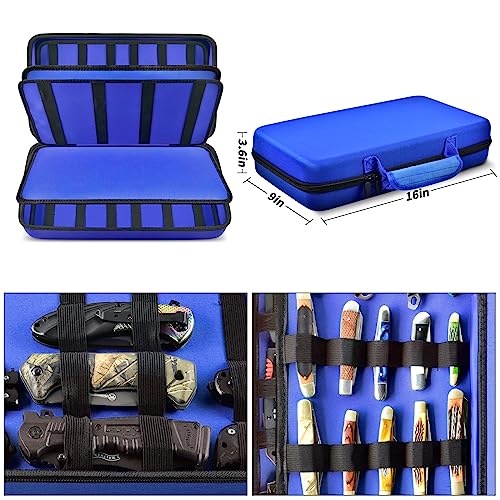Image of GWCASE Display Case for 66+ Pocket Knives. Folding Holder, Butterfly Storage Organizer, Roll Collection Pouch Carrier Bag for Survival Tactical Outdoor for EDC Mini Knife -Blue
