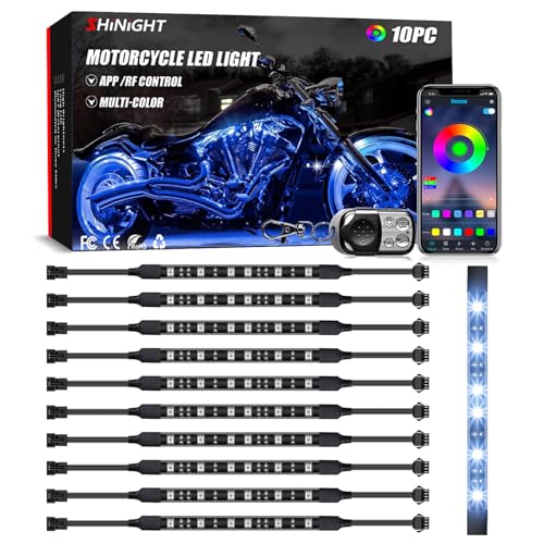 SHINIGHT 10 Pcs Motorcycle LED Light Kits, App Control Multicolor Waterproof Motorcycle LED Strip Lights with RF Remote, Music Sync & Multiple Scene Modes RGB LED Lights for Motorcycles