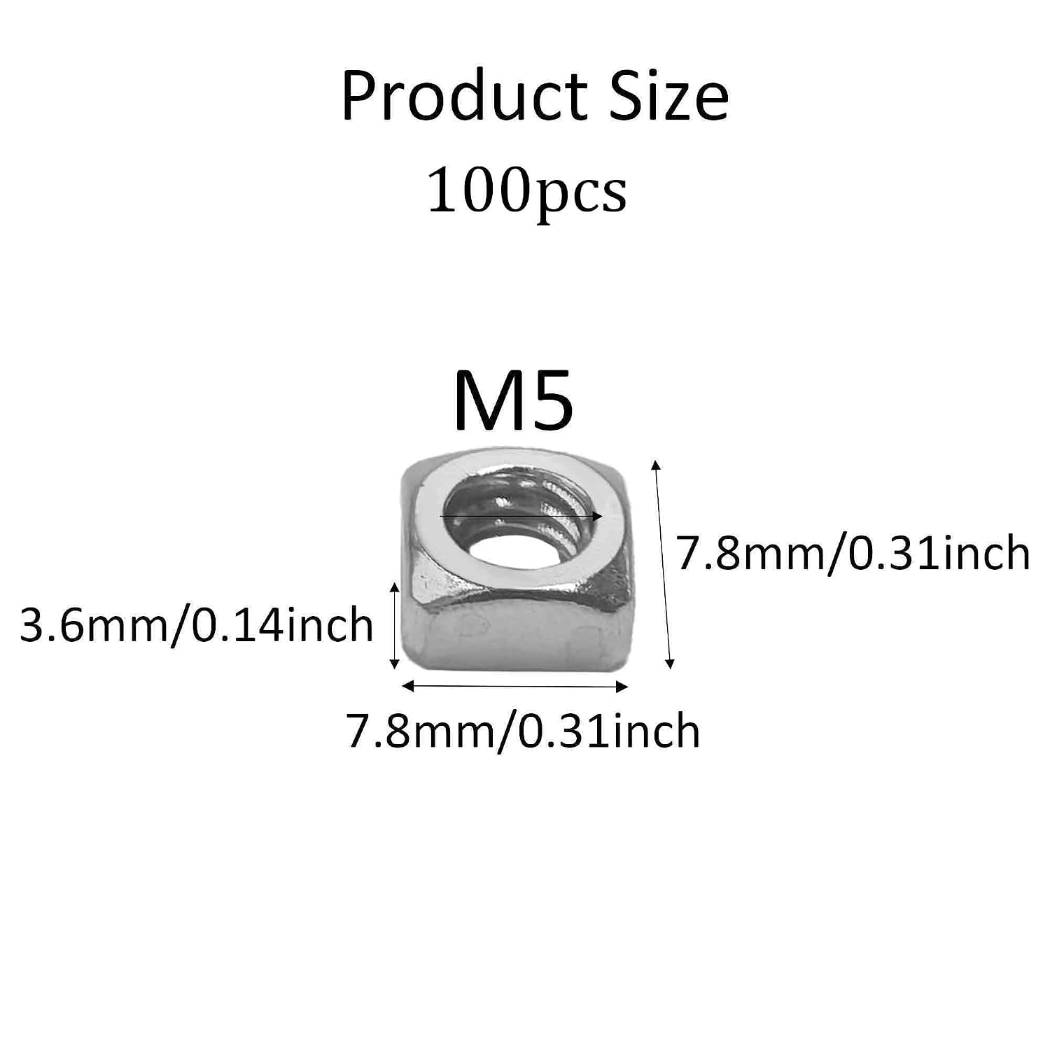 pson 100Pcs M5 304 Stainless Steel Square Nuts(Silver)