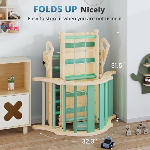 Image of BlueWood 10-in-1 Pikler Triangle Set, Toddler Climbing Toys Indoor, Montessori Climber, Baby Jungle Gyms with Arch, Extra Rope Ladder & Footprint Balance Beam - Emerald Forest