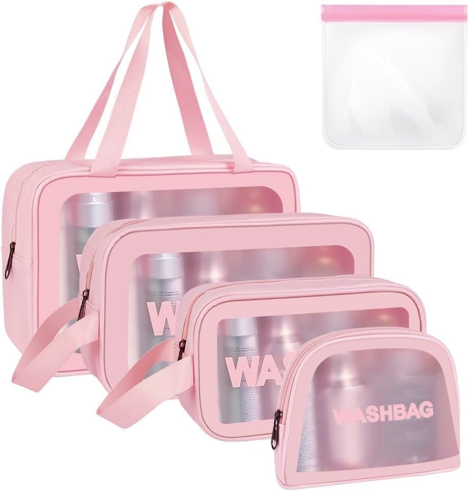 Aucuu 5PCS Bolsas Neceser Transparente, Neceser de Aseo Transparente, Bolsa de Cosméticos Impermeable con Cremallera, Bolsas de Aseo Transparente para Baño,Viaje,Vuelo-Rosa