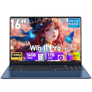 Computadora portátil para juegos, 16 pulgadas de regazo superior 2026 Windows 11 Pro 16 GB RAM 1TB SSD, N150 (hasta 3.6 GHz), teclado retroiluminado, pantalla FHD 1920 x 1200, Office 365, 6000mAh, WiFi 5 BT 4.2, gráficos UHD