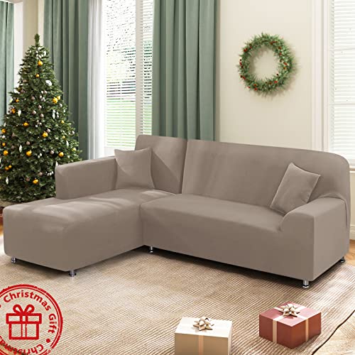 Sectional Couch Covers L Shape Sofa Covers Super Stretch 2Pcs Sofa Slipcovers For 3 + 3 Seaters Sectional Chaise Slipcover With 2Pcs Pillow Covers For Pets Kids, Taupe #TOP4