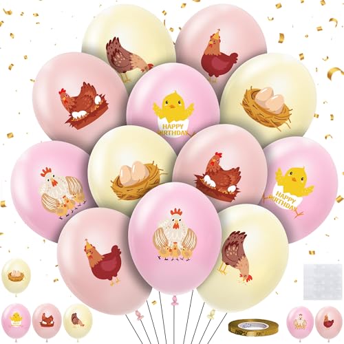HYOWCHI 48 Pcs Chicken Party Balloons Decorations for Birthday Baby Shower Disposable Pink Farm Animal Barnyard Little Chick Birthday Party Latex Balloons Supplies